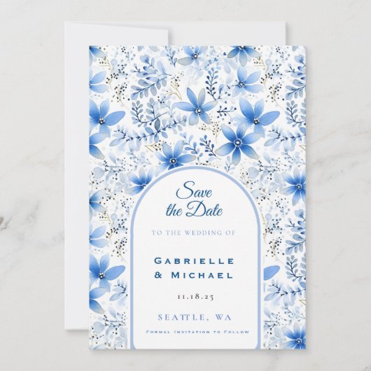 Delfts Blauw Wit Chinoiserie Bloemenpatroon Save The Date (Voorkant)