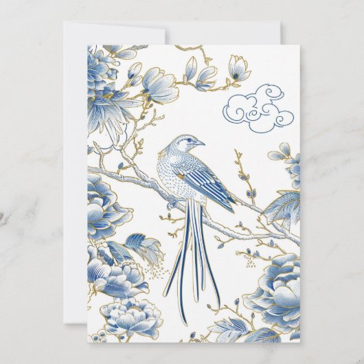 Delfts Blauw Wit Chinoiserie Porseleinen Vogel Save The Date (Achterkant)