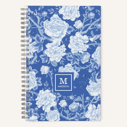 Delfts Blauw Wit Chinoiserie Vogelpioenen Monogram Notitieboek (Voorkant)
