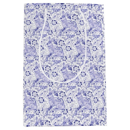 Delfts Blauw & Wit Konijn Vogels Elegant Pasen Medium Cadeauzakje (Voorkant)