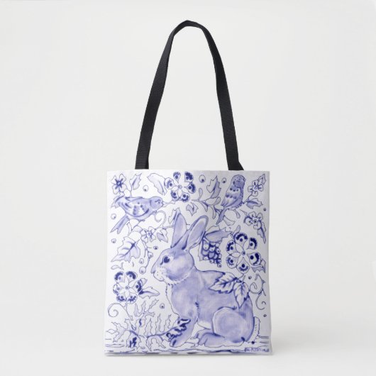 Delfts Blauw Wit Konijnenkonijn Vogels Rustieke De Tote Bag (Voorkant)