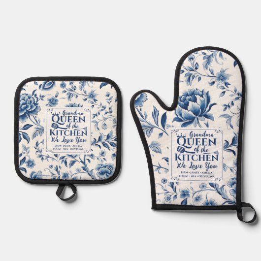 Delfts Blauw Wit Porselein Hampton Floral Oma Ovenwant & Pannenlap Set (Voorkant)