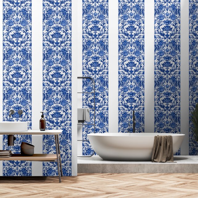 Delfts blauwe afbeelding in effen kleur behang (Badkamer)