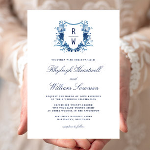 Delfts Blauwe Aquarel Monogram Wapen Huwelijk Kaart