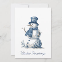 Delfts Blauwe Aquarel Sneeuwman Kerstkaart