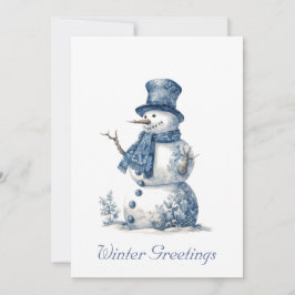 Delfts Blauwe Aquarel Sneeuwman Kerstkaart
