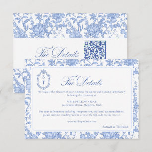Delfts Blauwe Bloemige Chinoiserie Monogram Huweli Informatiekaartje