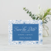 Delfts Blauwe Bloemrijke Chinoiserie Toile Bruilof Save The Date (Staand voorkant)