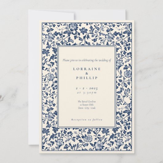 Delfts Blauwe crème Bloemen bruiloft Kaart (Voorkant)