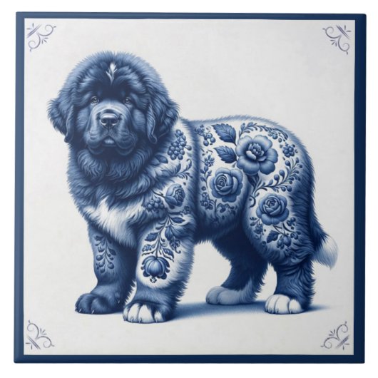 Delfts Blauwe Newfoundlander Puppy Tegeltje (Voorkant)