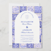 Delfts Blauwe Patchwork Porselein Bruiloft Kaart (Voorkant)