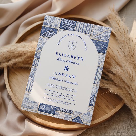 Delfts Blauwe Patchwork Toile Bruiloft Kaart