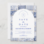 Delfts Blauwe Patchwork Toile Trouwjapon Save The Date (Voorkant)