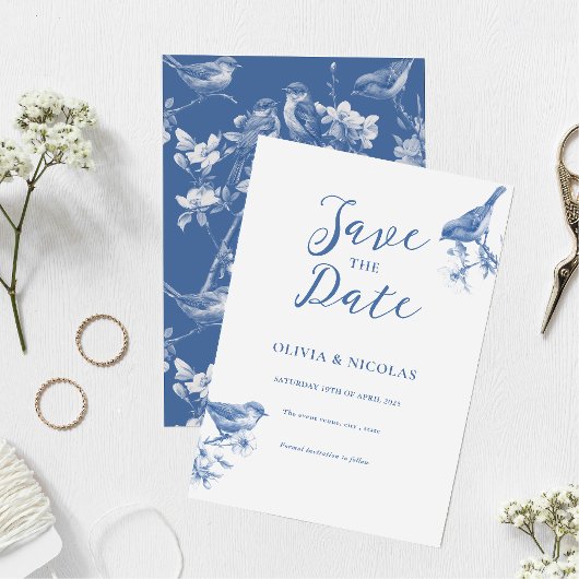 Delfts Blauwe Vogels Lente Save De Datum Aankondig Kaart