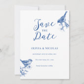 Delfts Blauwe Vogels Lente Save De Datum Aankondig Kaart (Voorkant)