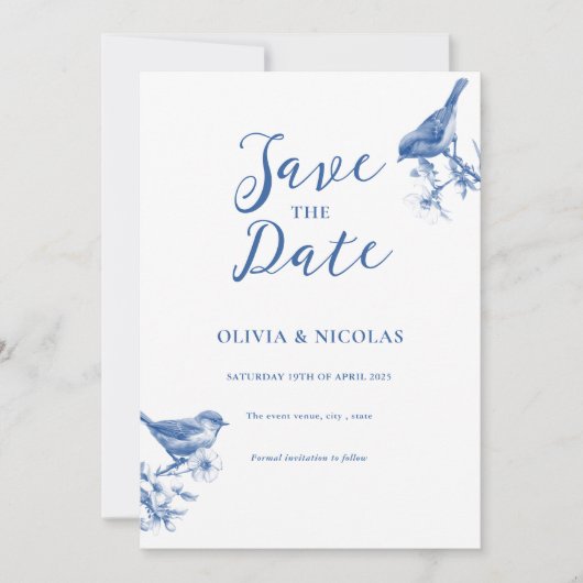 Delfts Blauwe Vogels Lente Save De Datum Aankondig Kaart (Voorkant)