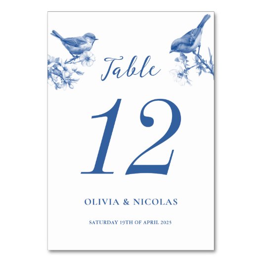 Delfts Blauwe Vogels Lente Trouwtafelkaart Kaart (Voorkant)