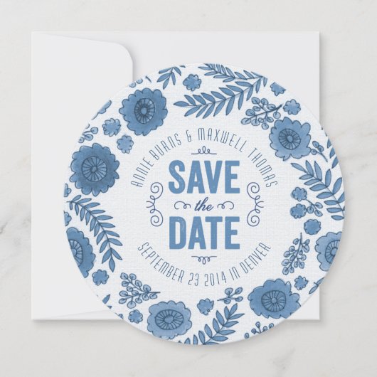 Delfts Blauwe Waterverf Bloemen Bewaar de Datum Save The Date (Voorkant)