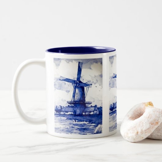 Delfts blauwe windmolen tweekleurige koffiemok (Met donut)
