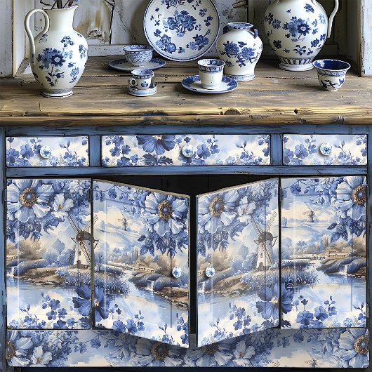 Delfts Blauwe Windmolens Wilde Rozen  Decoupage Tissuepapier