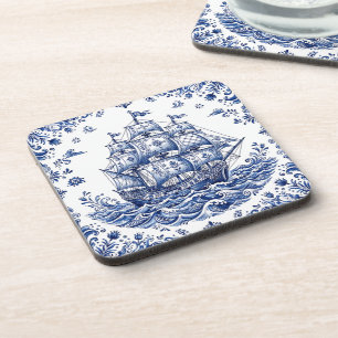 Delfts Stijl Blauw Wit Koopvaardijschip Bier Onderzetter