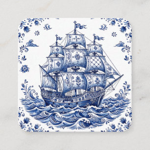 Delfts Stijl Blauw Wit Koopvaardijschip Informatiekaartje