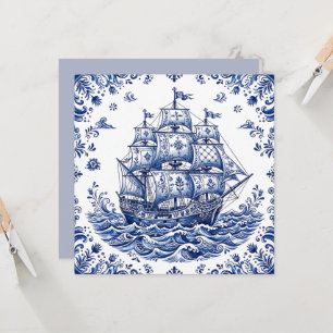 Delfts Stijl Blauw Wit Koopvaardijschip Kaart