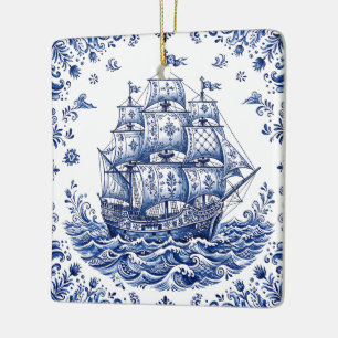 Delfts Stijl Blauw Wit Koopvaardijschip Keramisch Ornament