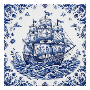 Delfts Stijl Blauw Wit Koopvaardijschip Perfect Poster