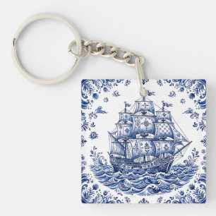 Delfts Stijl Blauw Wit Koopvaardijschip Sleutelhanger