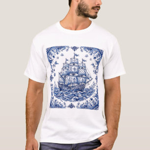 Delfts Stijl Blauw Wit Koopvaardijschip T-shirt