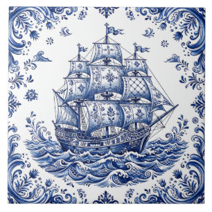 Delfts Stijl Blauw Wit Koopvaardijschip Tegeltje