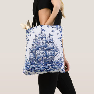 Delfts Stijl Blauw Wit Koopvaardijschip Tote Bag