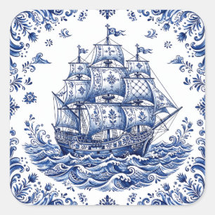 Delfts Stijl Blauw Wit Koopvaardijschip Vierkante Sticker
