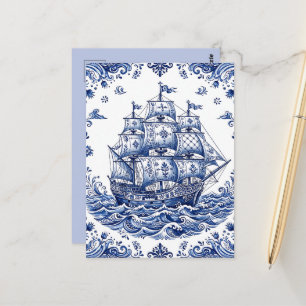 Delfts Stijl Blauw Witte Koopvaardijschip Briefkaart