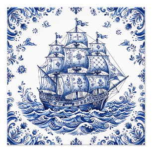 Delfts Stijl Blauw Witte Koopvaardijschip Foto Afdruk