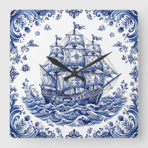 Delfts Stijl Blauw Witte Koopvaardijschip Vierkante Klok