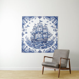 Delfts Stijl Blauw Witte Koopvaardijschip Wandkleed