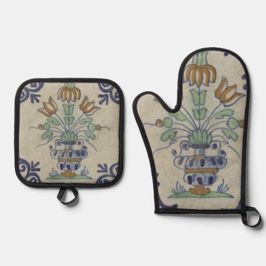 Delfts Tegel Antiek Keramische Bloempot Ovenwant & Pannenlap Set (Voorkant)