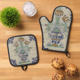 Delfts Tegel Antiek Keramische Bloempot Ovenwant & Pannenlap Set