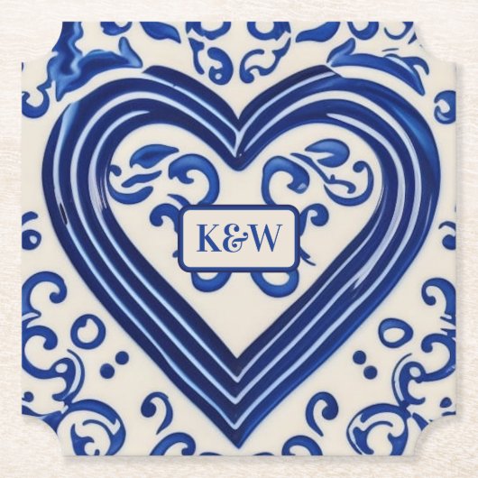'Delftware' Dutch Kijk geschilderd hart - Monogram Kartonnen Onderzetters (Voorkant)