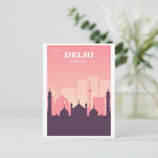  Delhi India City Skyline Roze Reizen Briefkaart (Staand voorkant)