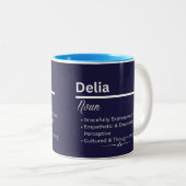 Delia Personalized Girl Name Meaning Coffee Mug Tweekleurige Koffiemok (Voorkant rechts)