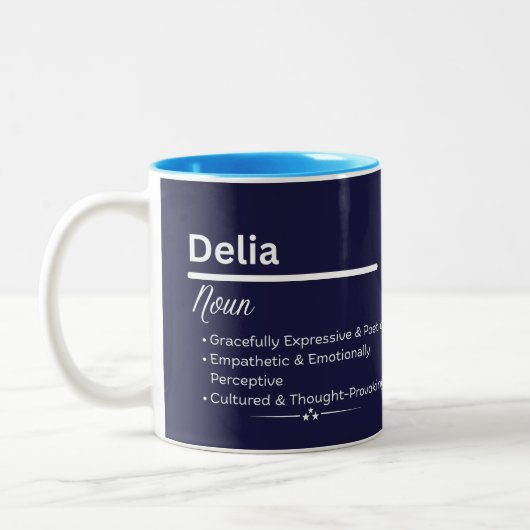 Delia Personalized Girl Name Meaning Coffee Mug Tweekleurige Koffiemok (Links)
