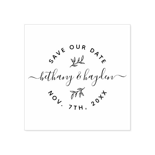 Delicaat blad & rustiek script | De datum opslaan Rubberstempel (Afrduk)