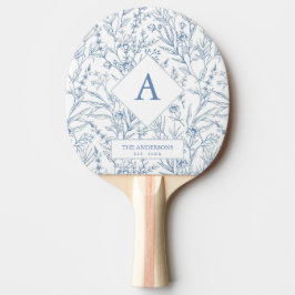 Delicaat Blauw Bloemen Monogram Ping Pong Paddle Tafeltennisbatje