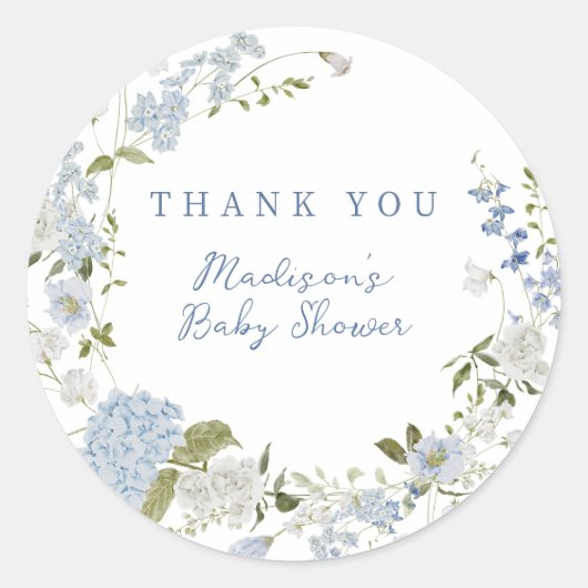 Delicaat blauw bloemenkrans Baby shower Ronde Sticker (Voorkant)