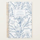 Delicaat Blauw Wit Bloemen Patroon Monogram 2024 Planner (Voorkant)