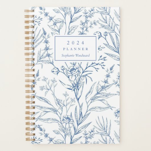 Delicaat Blauw Wit Bloemen Patroon Monogram 2024 Planner (Voorkant)
