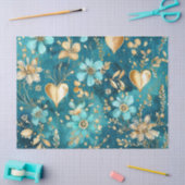 Delicaat Blauwgroen & Goud Bloemen & Harten Decoup Tissuepapier (Craft)